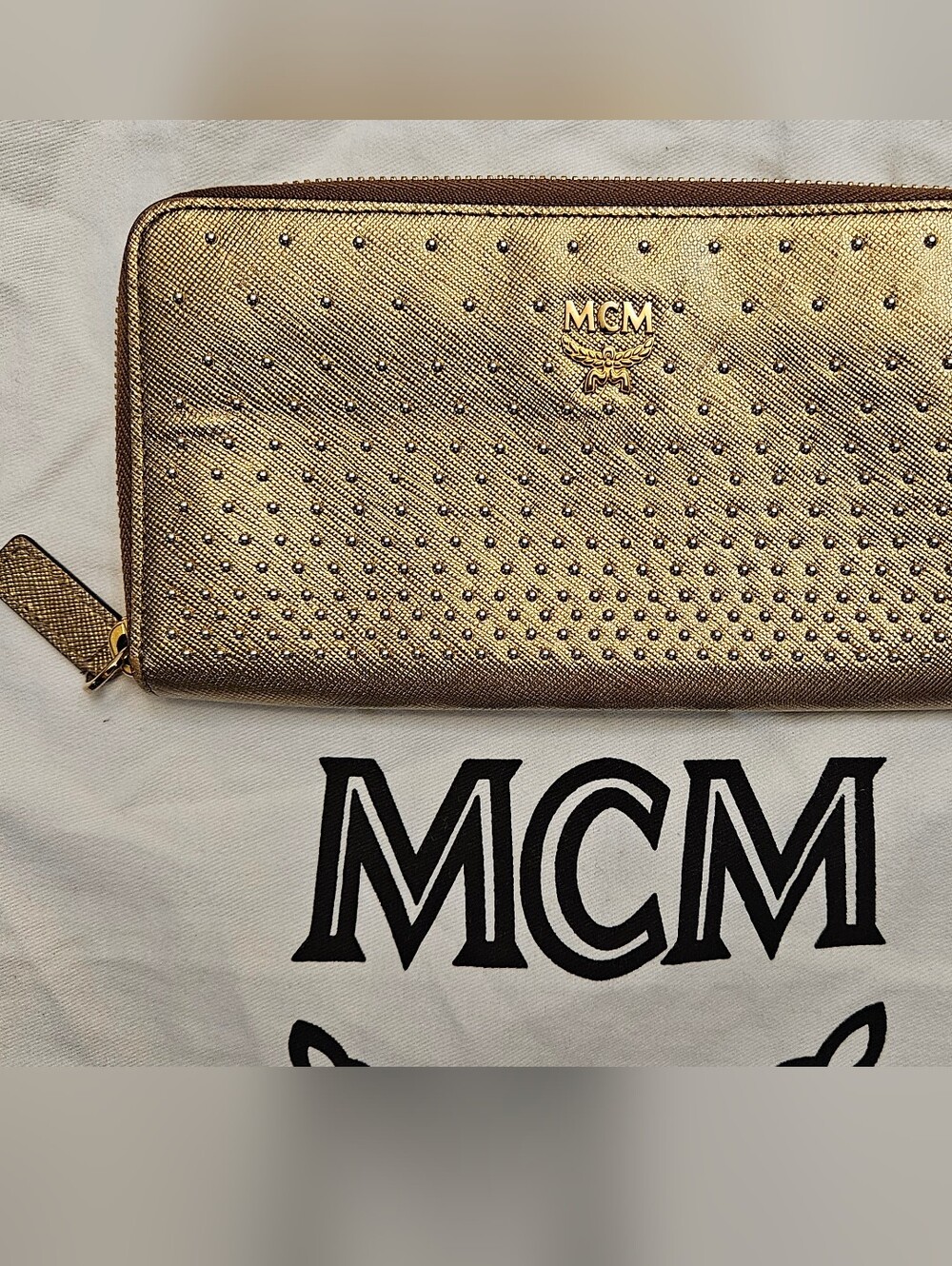 MCM Metallic Gold Studded Zip Wallet